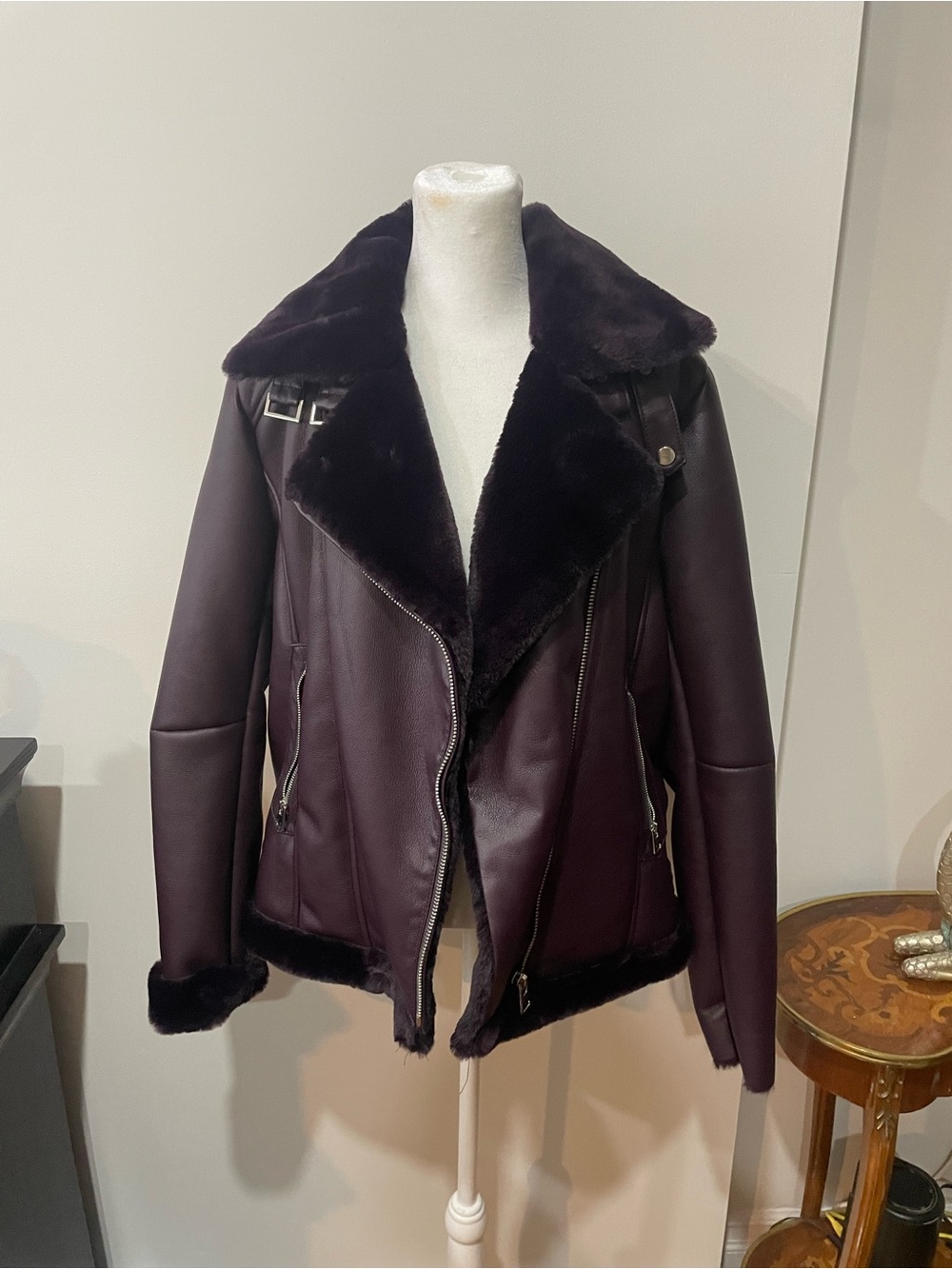 Womens Faux-Shearling Moto Jacket in Deep Plum